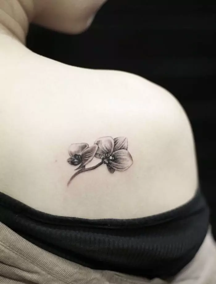 Tattoo z orhidejami (57 fotografij): tattoo vrednost za dekleta, skica pregled. Tattoo na roki in nogi, na ključnico in na hrbtu, na rami in na drugih delih telesa 14034_4