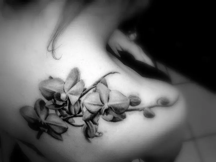 Tetoválás orchideákkal (57 fotók): Tattoo érték a lányoknak, vázlat áttekintés. Tetoválás a kezét és a lábát, a levegőt és a hátul, a vállon és a test más részein 14034_7