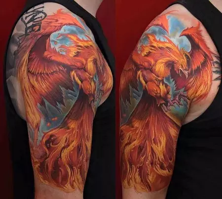 纹身“凤凰”（56张）：意义和素描，纹身手头鸟（在手腕上）和背部，大腿和腿部，肩膀上，并在其他区域。纹身凤凰和龙 14035_56