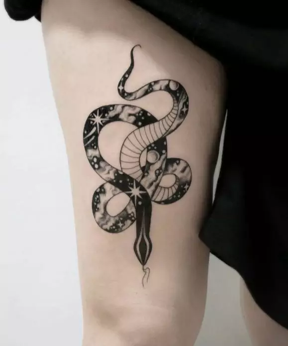 女孩紋身“蛇”（36張照片）：意思，手上和腿的女性草圖。臀部和肋骨，背部和手腕，鎖骨和頸部的紋身 14046_10