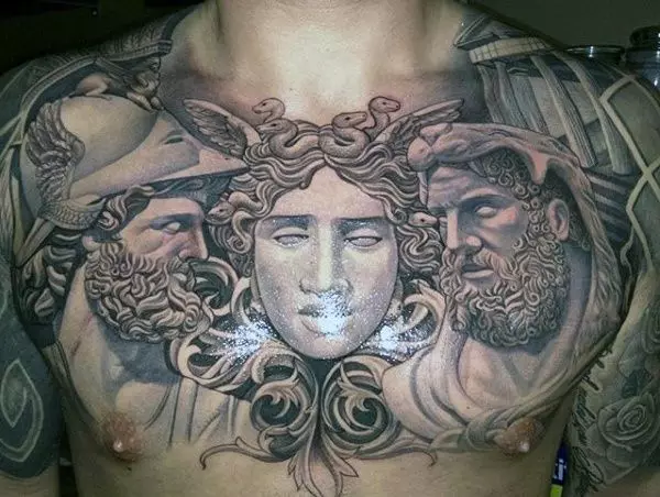 Tatuaxe grega: tatuaxes dos deuses da mitoloxía de Grecia e adornos, debuxos de tatuaxe no estilo grego antigo para homes e para nenas 14053_22