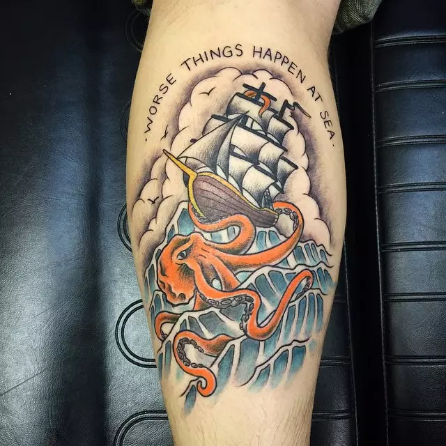 Tato segara: sketsa tato kanthi tema laut kanggo pria lan bocah-bocah wadon. Nilai-nilai kasebut. Aplikasi ing tangan, dada, bangkekan lan papan liya 14054_27