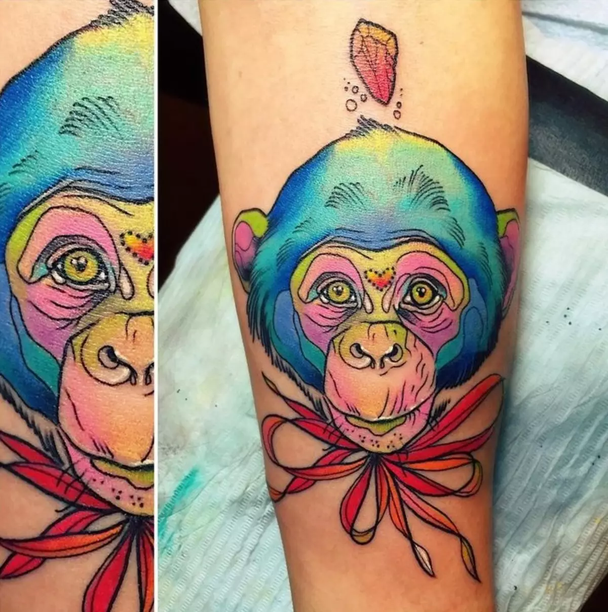 Een met ape: die waarde van tattoos, tatoo op die naeltjie en maag, op die hand en op die bors, voorbeelde van sketse, tatoo vir mans en vir vroue 14056_14