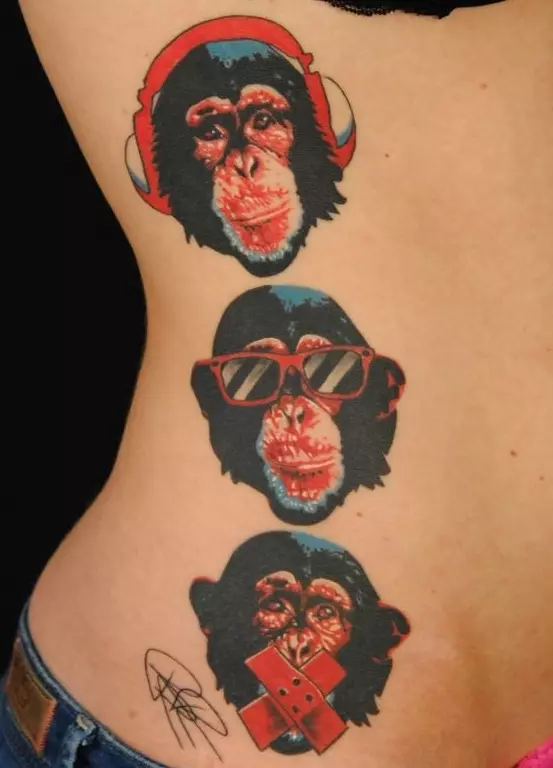 Een met ape: die waarde van tattoos, tatoo op die naeltjie en maag, op die hand en op die bors, voorbeelde van sketse, tatoo vir mans en vir vroue 14056_23