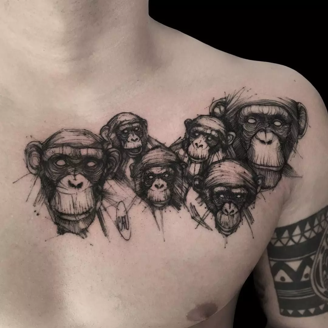 TATTOO med aber: Værdien af ​​tatoveringer, tatovering på navlen og maven, på hånden og på brystet, eksempler på skitser, tatovering til mænd og for kvinder 14056_24