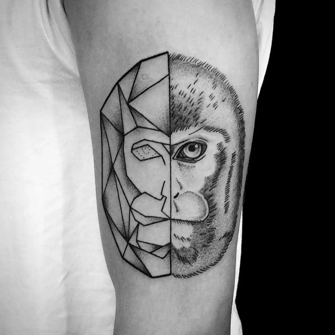 Tato dengan monyet: nilai tato, tato di pusar dan perut, di tangan dan di dada, contoh sketsa, tato untuk pria dan wanita 14056_36