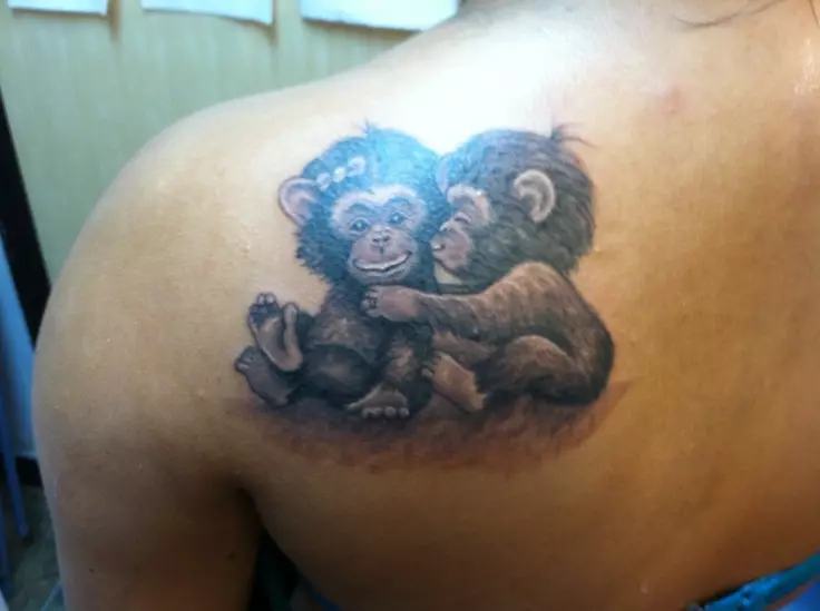 Een met ape: die waarde van tattoos, tatoo op die naeltjie en maag, op die hand en op die bors, voorbeelde van sketse, tatoo vir mans en vir vroue 14056_9