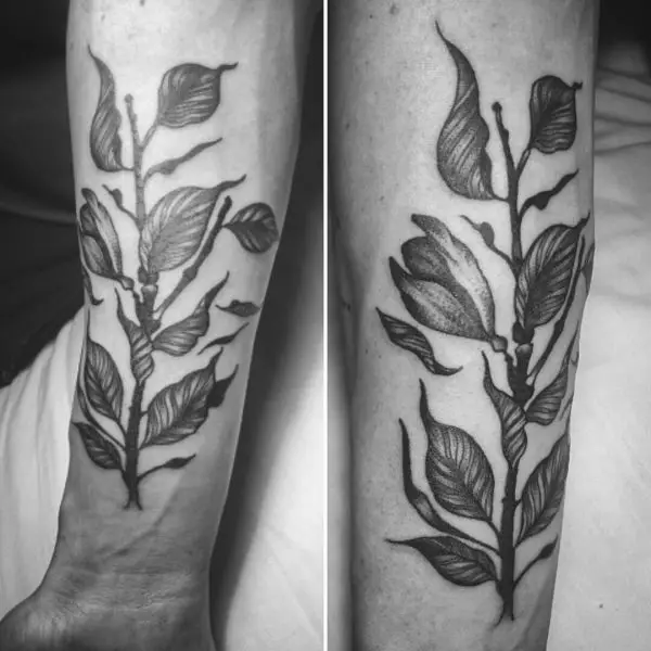 Tato dengan cabang: sketsa, tato di tangan dan di klavikula, di kaki dan di pergelangan tangan, makna mereka untuk anak perempuan dan untuk pria. Cabang dengan daun dan pilihan lainnya 14061_13