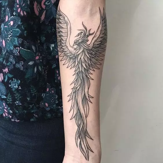 Татуировкасы «Firebird»: Қыздар мен еркектерге арналған татуировкалардың мәні, эскиздері. Асқазандағы татуировкасы, қолында, жамбас немесе басқа жерде 14069_14