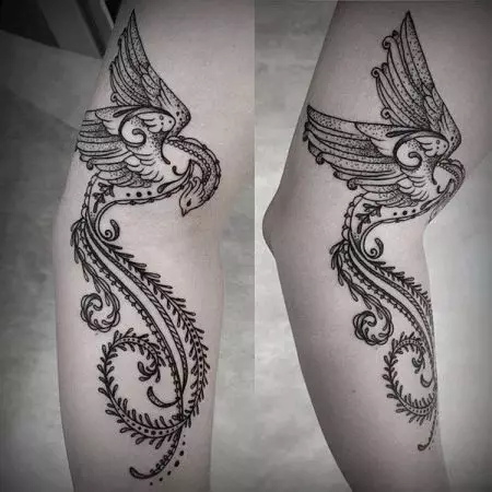 Tatuaj „Pasarea de foc“: valoare, schite de tatuaje pentru fete și bărbați. Tatuaj pe stomac, pe o parte, șold sau în altă parte 14069_33