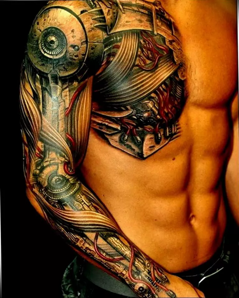 Tattoo Biomechanics (51 รูป): ภาพร่างรอยสักในรูปแบบของกลศาสตร์ชีวภาพในมือและขาบนไหล่และหลัง รอยสัก 