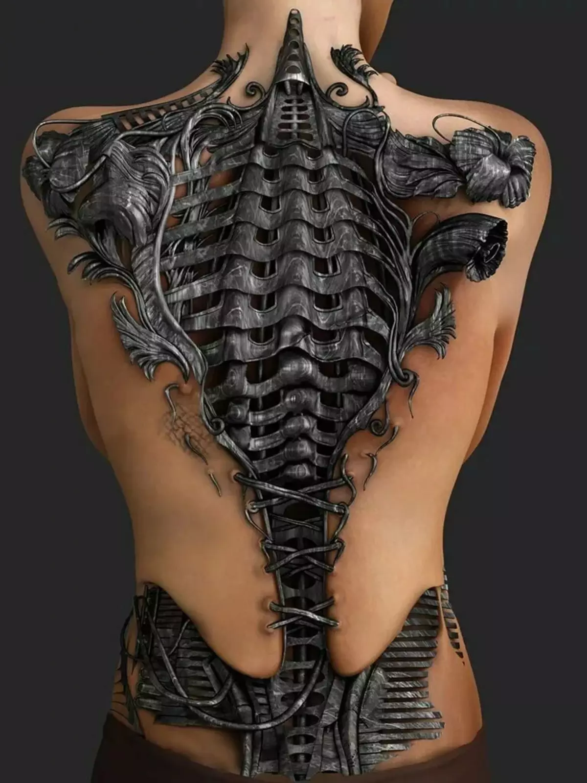Tattoo Biomechanics (51 foto): Skica e tatuazheve në stilin e mekanikës biologjike në dorë dhe këmbë, në shpatull dhe mbrapa. Tatuazh 