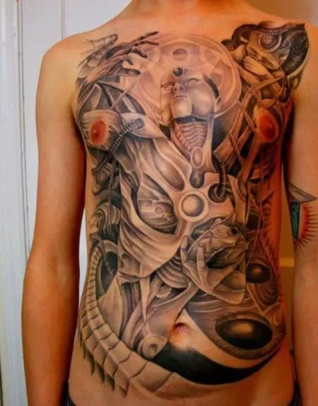 Biomehanika Tattoo (51 fotografije): Skice tetovaža u stilu biološke mehanike na ruci i noge, na ramenu i leđima. Tetovaža 