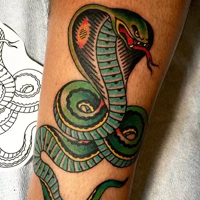 Cobra tetovaža (48 fotografija): tetoviranje i skice, tetovaža na ruci i vratu, pješice i nazad, u drugim zonama za djevojčice i muškarce 14084_30