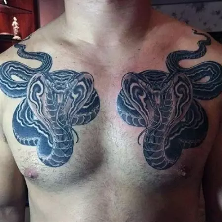 Cobra Tattoo (48 argazki): Tatuajeak eta zirriborroak, tatuajeak eskuan eta lepoan, oinez eta atzeko aldean, nesken eta gizonentzako beste zonalde batzuetan 14084_48