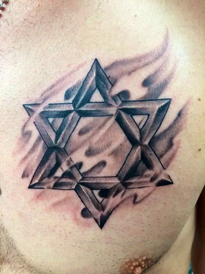 Тату «Три трикутника»: значення татуювань, тату на шиї, на руці і в інших зонах, татуювання потрійних трикутників для чоловіків і для дівчат 14086_10