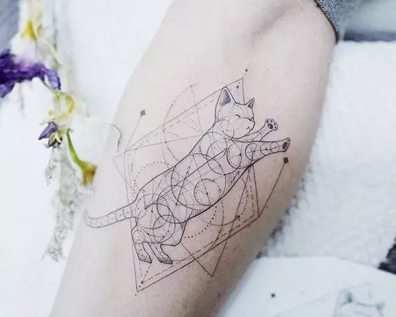 Tato dalam gaya geometri untuk anak perempuan: sketsa tato geometris di tangan dan klavikula, lengan dan tulang rusuk, pinggul dan bagian lain dari tubuh 14094_28