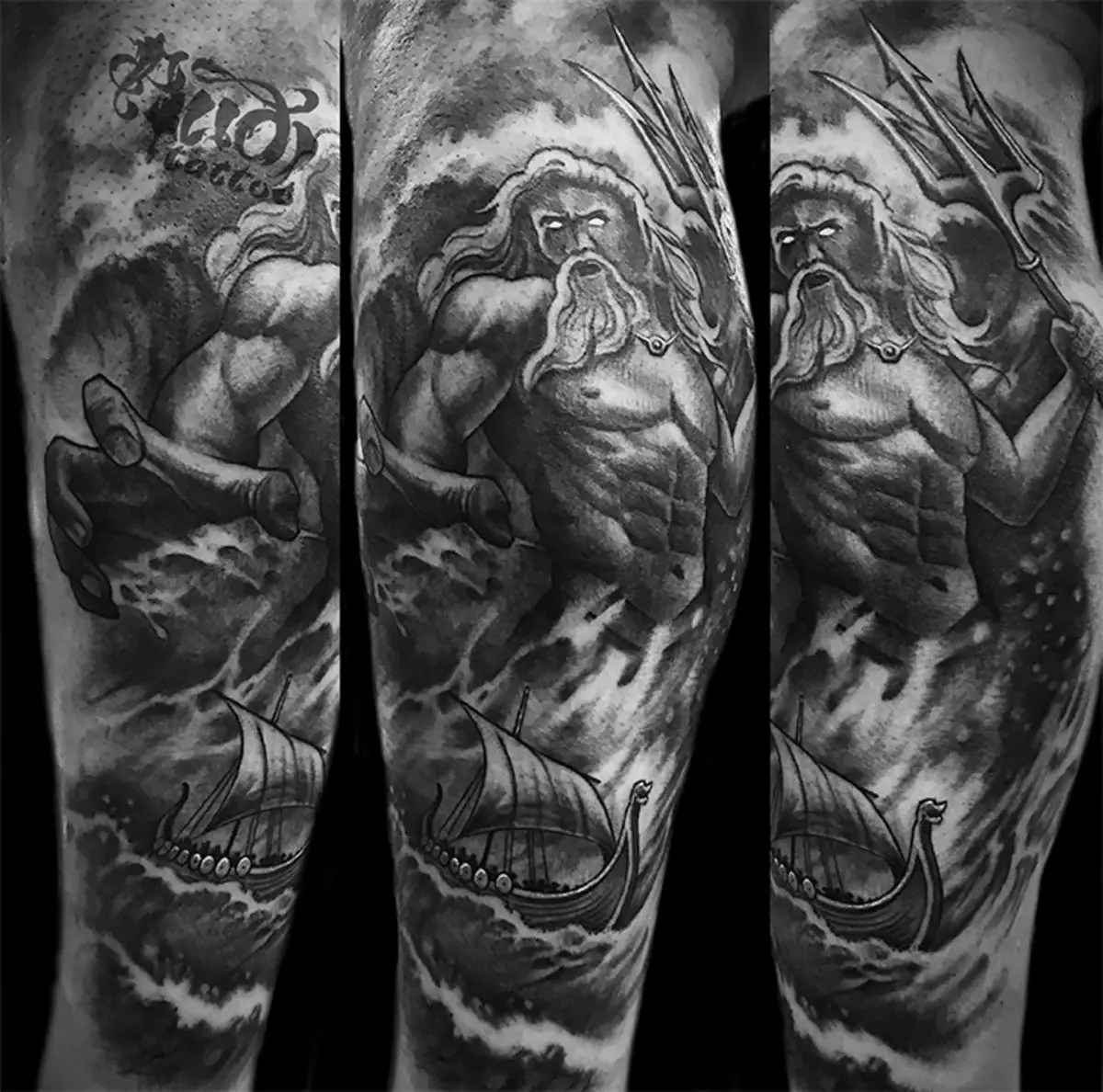 Poseidon Tattoo：男性と女性のための価値、スケッチ、肩の上の神のトライデント、そして手の上の神（袖）、その他の選択肢 14098_13