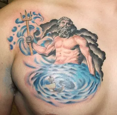 Poseidon Tatuaje: gizon eta emakumeentzako balioa, zirriborroak, tatuaje sorbaldan eta eskuan (mahuka), beste aukera batzuk 14098_17