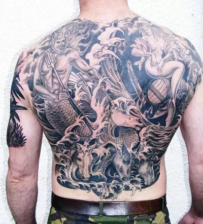 Poseidon Tatuaje: gizon eta emakumeentzako balioa, zirriborroak, tatuaje sorbaldan eta eskuan (mahuka), beste aukera batzuk 14098_26