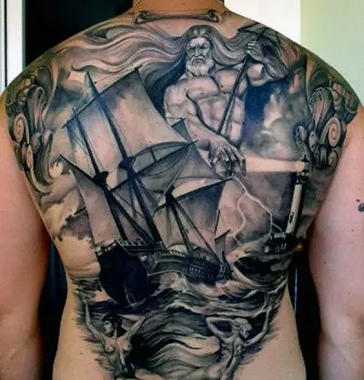 Poseidon Tattoo: Wert für Männer und Frauen, Skizzen, Tätowierung mit einem Dreizack von Gott auf der Schulter und an der Hand (Ärmel), andere Optionen 14098_3
