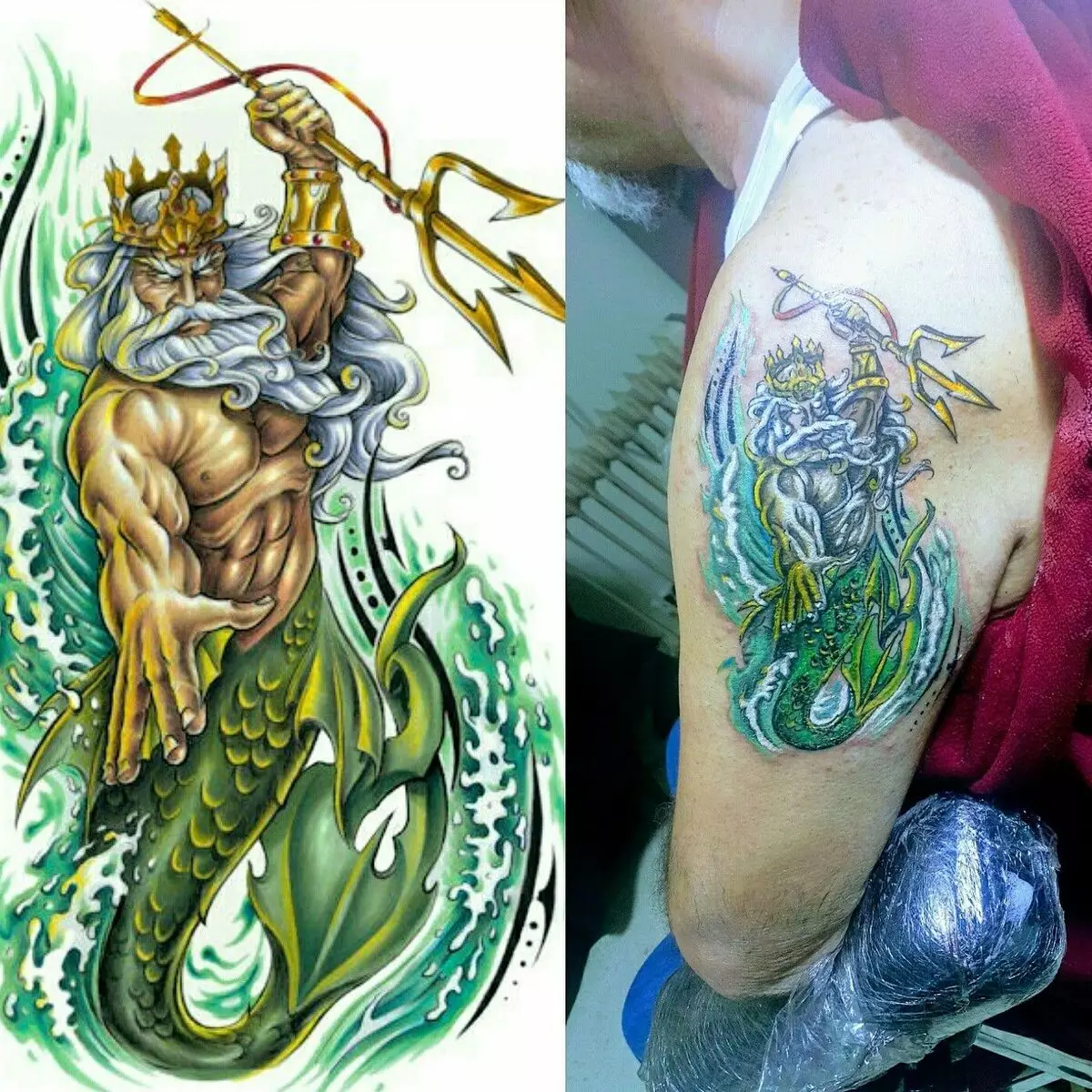 Poseidon Tatuaje: gizon eta emakumeentzako balioa, zirriborroak, tatuaje sorbaldan eta eskuan (mahuka), beste aukera batzuk 14098_4