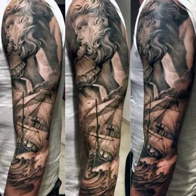 Poseidon Tattoo: Valeur des hommes et des femmes, des croquis, du tatouage avec un trident de Dieu sur l'épaule et sur la main (manchon), autres options 14098_5