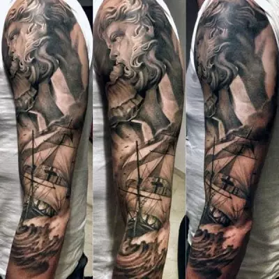 Poseidon tattoo: Ny lanjan'ny lehilahy sy vehivavy, sketsa, tatoazy miaraka amin'ny travikany andriamanitra eo an-tsorony sy eo am-pelatanana (sleeve), safidy hafa), safidy hafa), safidy hafa), safidy hafa 14098_5