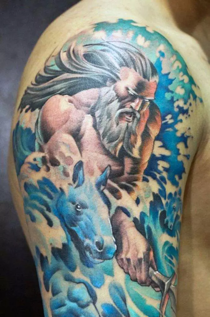 Poseidon Tattoo: Valeur des hommes et des femmes, des croquis, du tatouage avec un trident de Dieu sur l'épaule et sur la main (manchon), autres options 14098_6