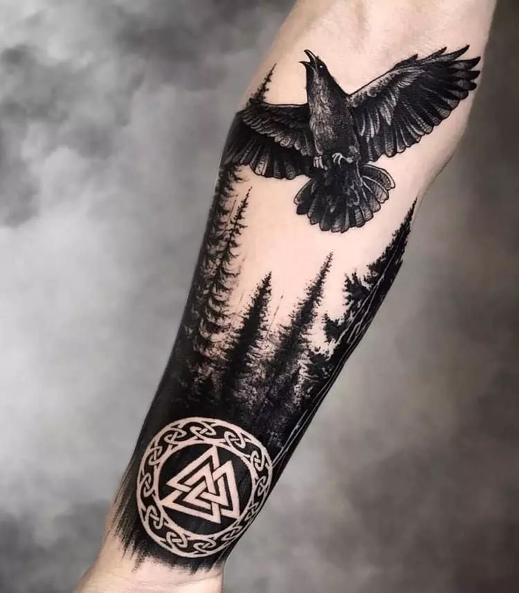 TATTOO「VALKNUT」：男性用のタトゥーのスケッチ、女の子のためのスケッチ、肩の上のシンボルの入れ墨、首、そして他のゾーン 14105_17