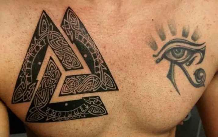 Бәдәнгә бесилған гүл «Valknut»: tattoos قىممىتى ئەر ۋە بوينىنىڭ كۈنى قىزلار, زىممىسىگە بىر بەلگە بىلەن tattoos, ۋە باشقا رايون بىر бәдәнгә гүл басмақ قىلىش sketches 14105_2