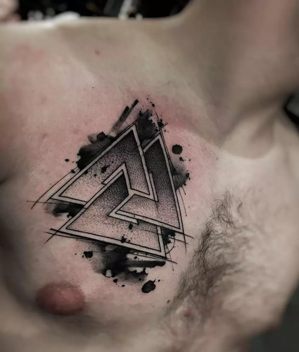 Бәдәнгә бесилған гүл «Valknut»: tattoos قىممىتى ئەر ۋە بوينىنىڭ كۈنى قىزلار, زىممىسىگە بىر بەلگە بىلەن tattoos, ۋە باشقا رايون بىر бәдәнгә гүл басмақ قىلىش sketches 14105_3