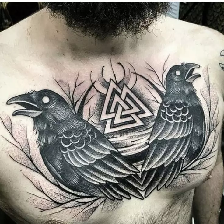 Бәдәнгә бесилған гүл «Valknut»: tattoos قىممىتى ئەر ۋە بوينىنىڭ كۈنى قىزلار, زىممىسىگە بىر بەلگە بىلەن tattoos, ۋە باشقا رايون بىر бәдәнгә гүл басмақ قىلىش sketches 14105_35