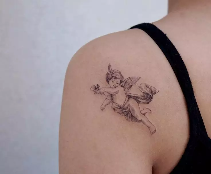 纹身“守护天使”：女孩和手上的女孩和男人，肩膀和胸部的纹身素描。纹身值，铭文和没有的例子 14106_47