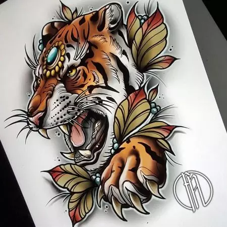 Тату з тигром для дівчат (34 фото): значення і ескізи. Татуювання тигриць на руці і на стегні, на нозі і на спині, на зап'ясті і на плечі 14119_19