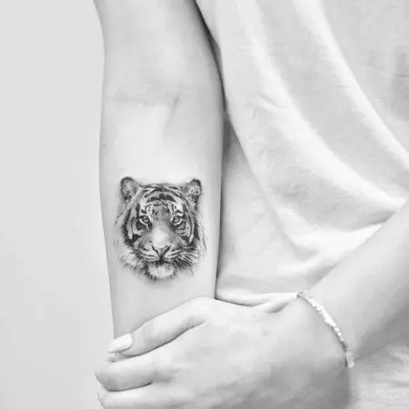 Tattoo ერთად Tiger გოგონების (34 ფოტო): მნიშვნელობა და ესკიზები. Tattoo Tiger ხელთ და ბარძაყზე, ფეხი და უკან, მაჯის და მხრის 14119_5