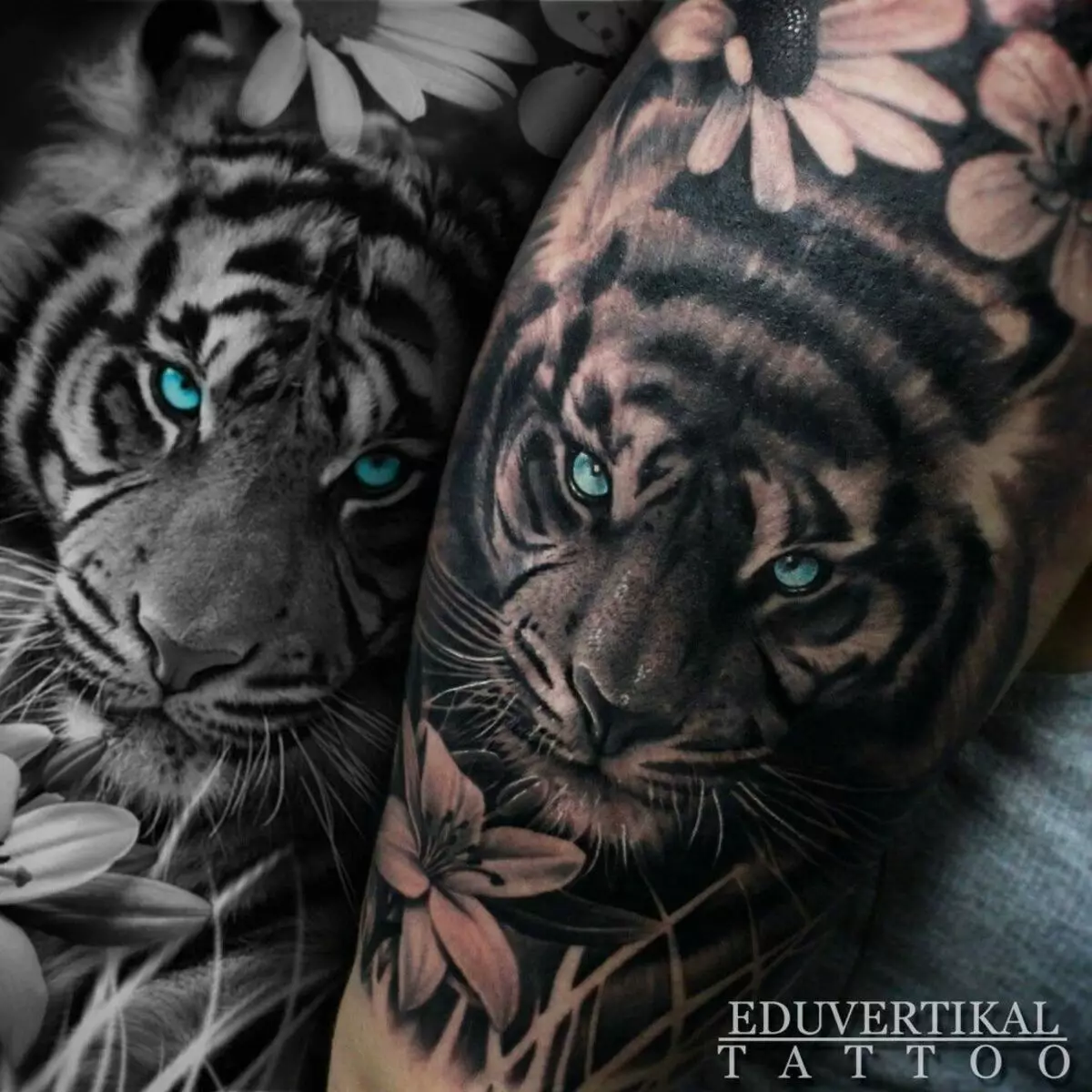 Tatuatge amb un tigre per a les nenes (34 fotos): significat i esbossos. tigre de l'tatuatge a la mà ia la cuixa, a la cama ia l'esquena, al canell ia l'espatlla 14119_8