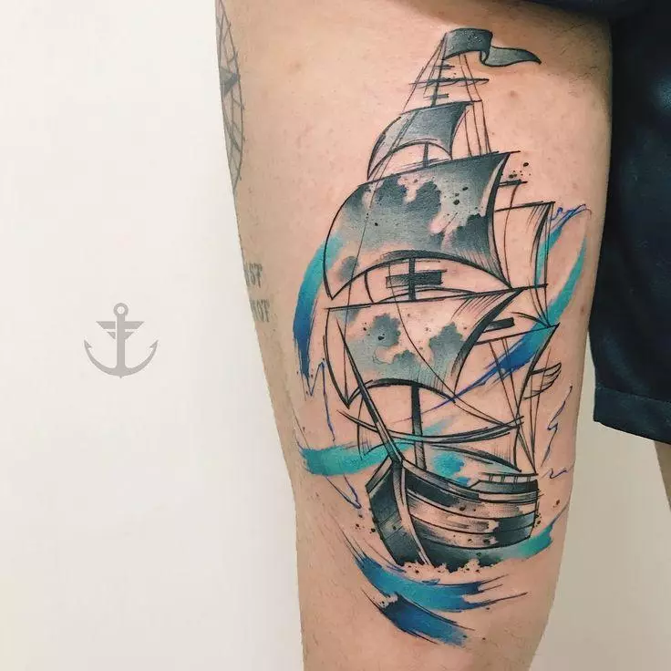 Tattoo kun ŝipoj: skizoj de velŝipoj kaj la valoro de ŝipoj kun veloj, tatuoj sur mano kaj kruro, tatuaj pirataj ŝipoj por viroj kaj aliaj opcioj 14129_17
