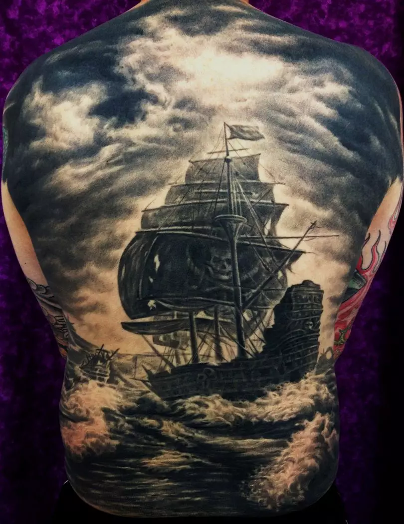 Tattoo cu nave: schițe de barci cu pânze și valoarea navelor cu vele, tatuaje pe mâini și picior, nave de tatuaj pirate pentru bărbați și alte opțiuni 14129_39
