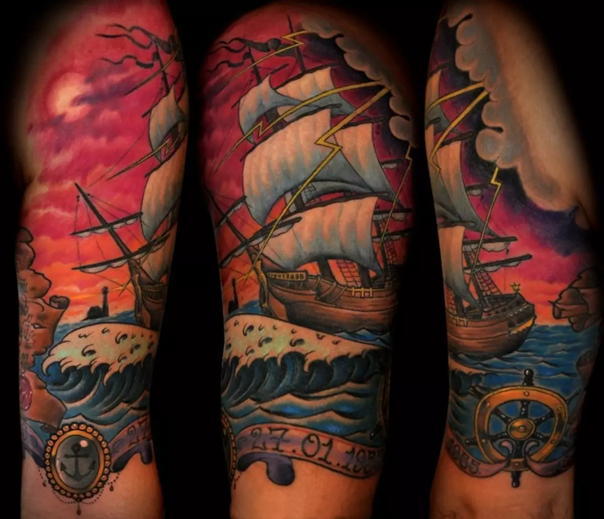 Tattoo na meli: michoro ya sailboats na thamani ya meli na sails, tattoos kwa mkono na mguu, meli pirate meli kwa wanaume na chaguzi nyingine 14129_55