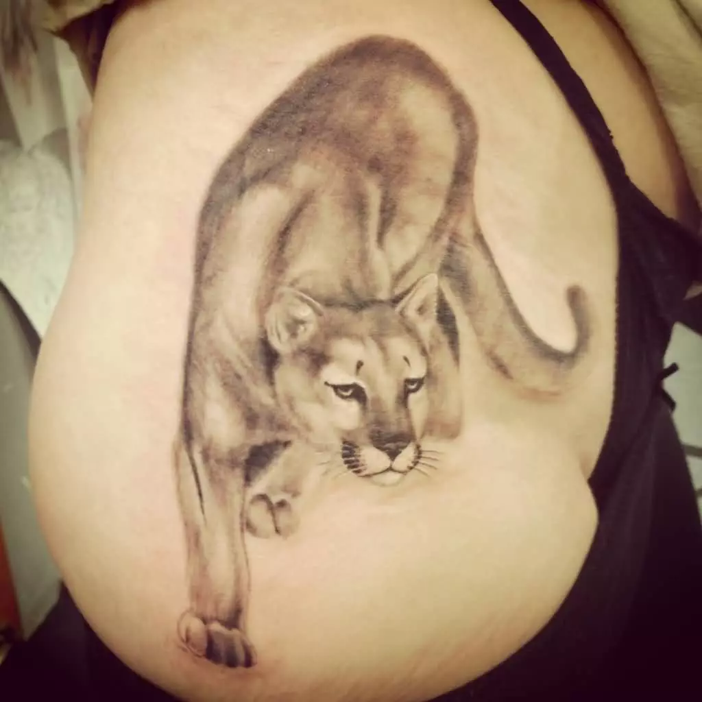 Tattoo tare da Puma: Darajar da zane-zane da kuma maza, tattoo a hannu da kan kafada, a kan wuya da sauran yankuna 14136_17