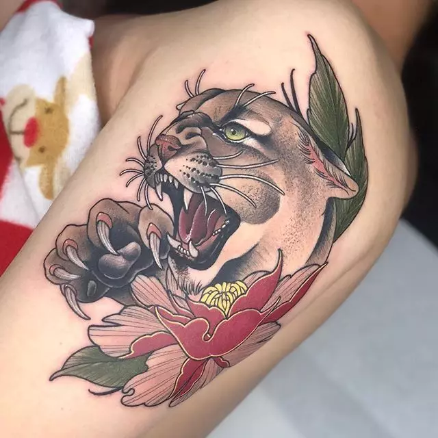 Tattoo koos Puma: tätoveeringute väärtus ja visandid tüdrukutele ja meestele, tätoveeringule ja õlale, rinnal ja jalgsi, kaelal ja teistes piirkondades 14136_25