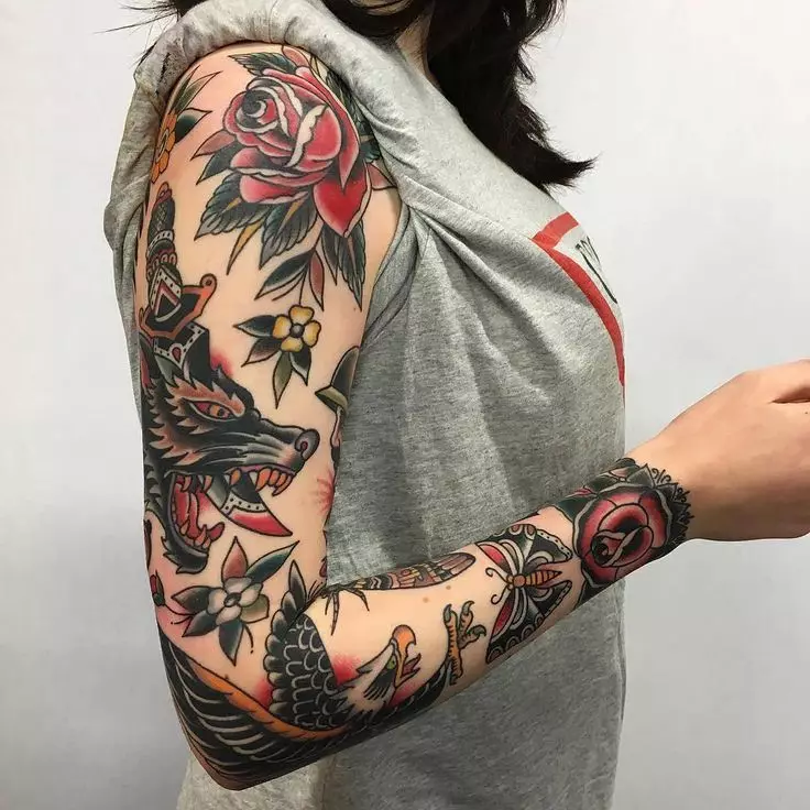 Old Skyl tattoo: lakaran tatu, lengan hitam dan putih dan sedikit menelan, jantung dan panther, ular dan lain-lain imej tatu untuk payudara, bahu dan kaki 14139_30