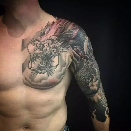 Tatuering med kinesiska Dragon (52 bilder): värdet och skisser av tatueringar, tatuering på handen och på ryggen, på axeln och på benet, röd och svart drake i kinesisk stil 14148_44