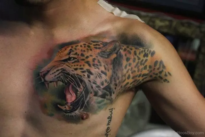 «Jaguar» татуировкасы: Мәні, ерлер мен қыздар үшін татуировкалардың эскиздері, артқы және кеудедегі қыздар үшін. OSCAL Jaguar және дененің әртүрлі бөліктері үшін жыртқыштың басқа нұсқалары 14161_6