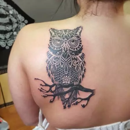 Tattoo ine owls yevasikana (48 photos): kukosha, ma tattoos paruoko uye ruoko, kumashure uye pagumbo uye mune dzimwe nzvimbo, mienzaniso yematanho 14164_33