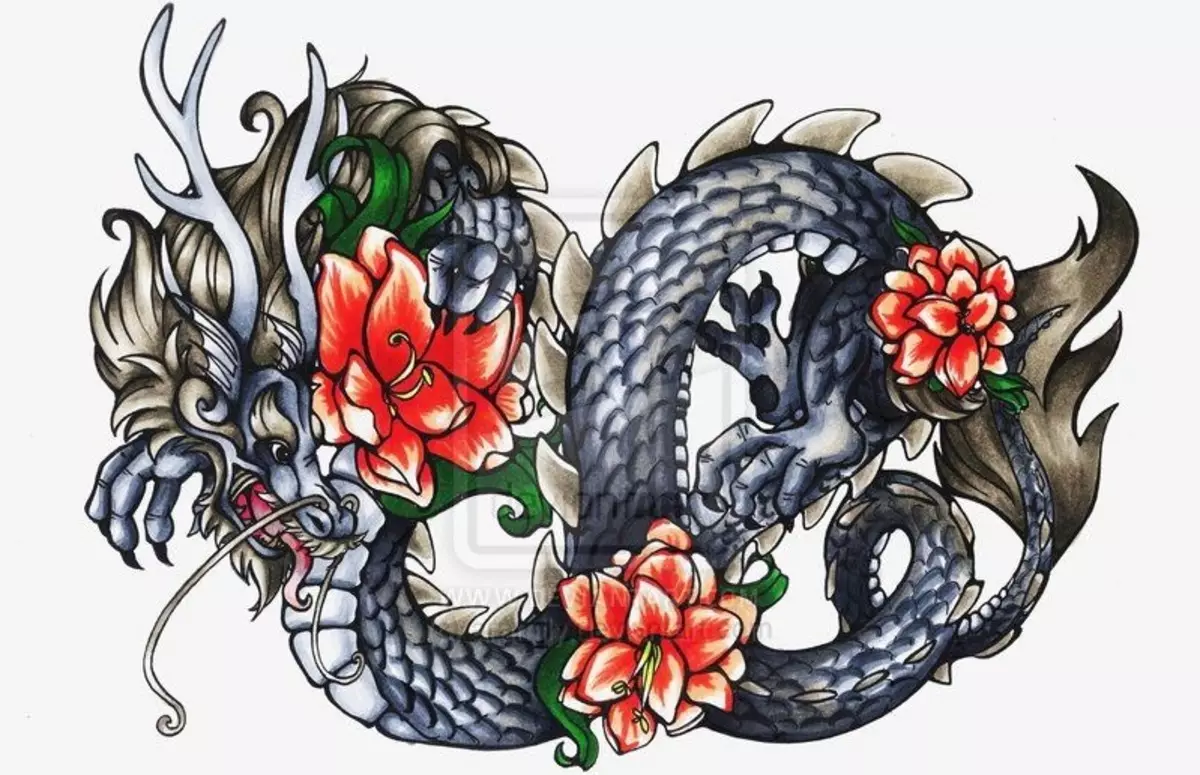 जपानी ड्रॅगनसह टॅटू: स्केच आणि जपानच्या शैलीतील टॅटूचे मूल्य, खांद्यावर, फावडे आणि छातीवर, पायावर आणि इतर क्षेत्रामध्ये स्लीप आणि टॅटू 14174_13