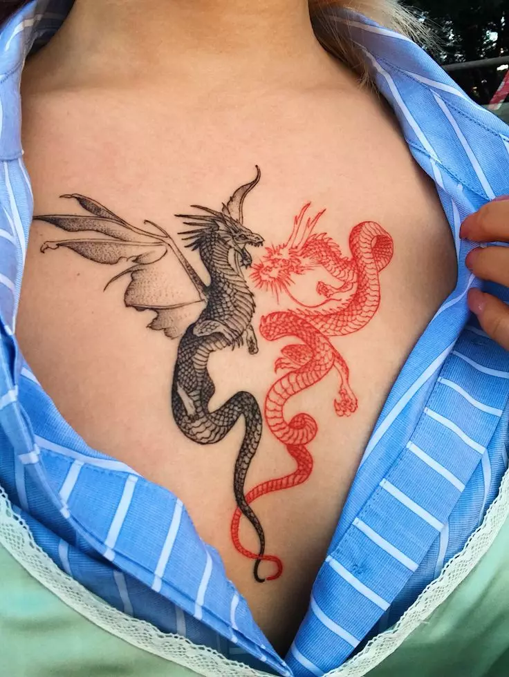 Tattoo me dragon japonez: skica dhe vlera e tatuazheve në stilin e Japonisë, mëngët në dorë dhe tatuazh në shpatull, në lopatë dhe në gjoks, në këmbë dhe në zona të tjera 14174_16