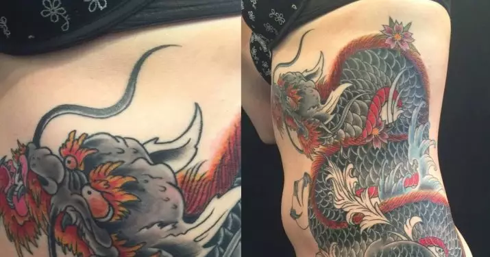 Tattoo met de Japanse draak: schetsen en de waarde van tatoeages in de stijl van Japan, mouw op hand en tatoeage op de schouder, op de schop en op de borst, op de voet en in andere zones 14174_2