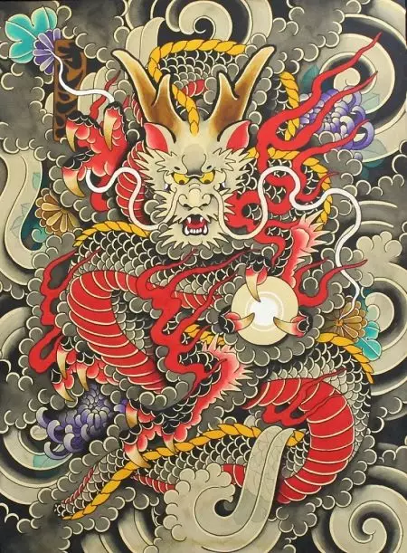 Tattoo me dragon japonez: skica dhe vlera e tatuazheve në stilin e Japonisë, mëngët në dorë dhe tatuazh në shpatull, në lopatë dhe në gjoks, në këmbë dhe në zona të tjera 14174_3